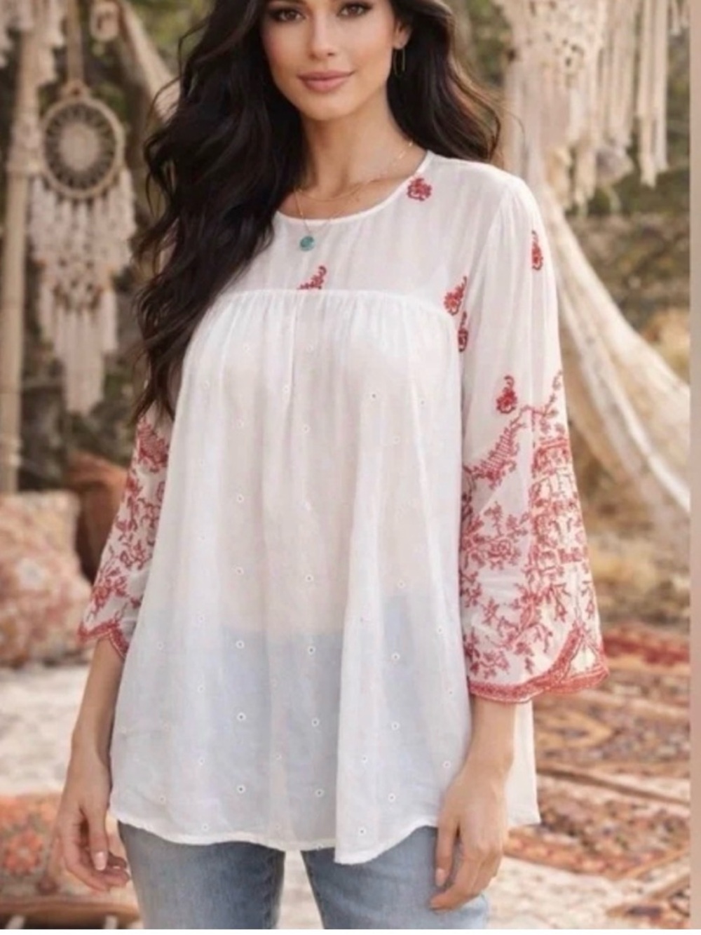 Johnny Was Rose Stitch Blouse White Peasant Blouse Red Embroidered Sleeves Large